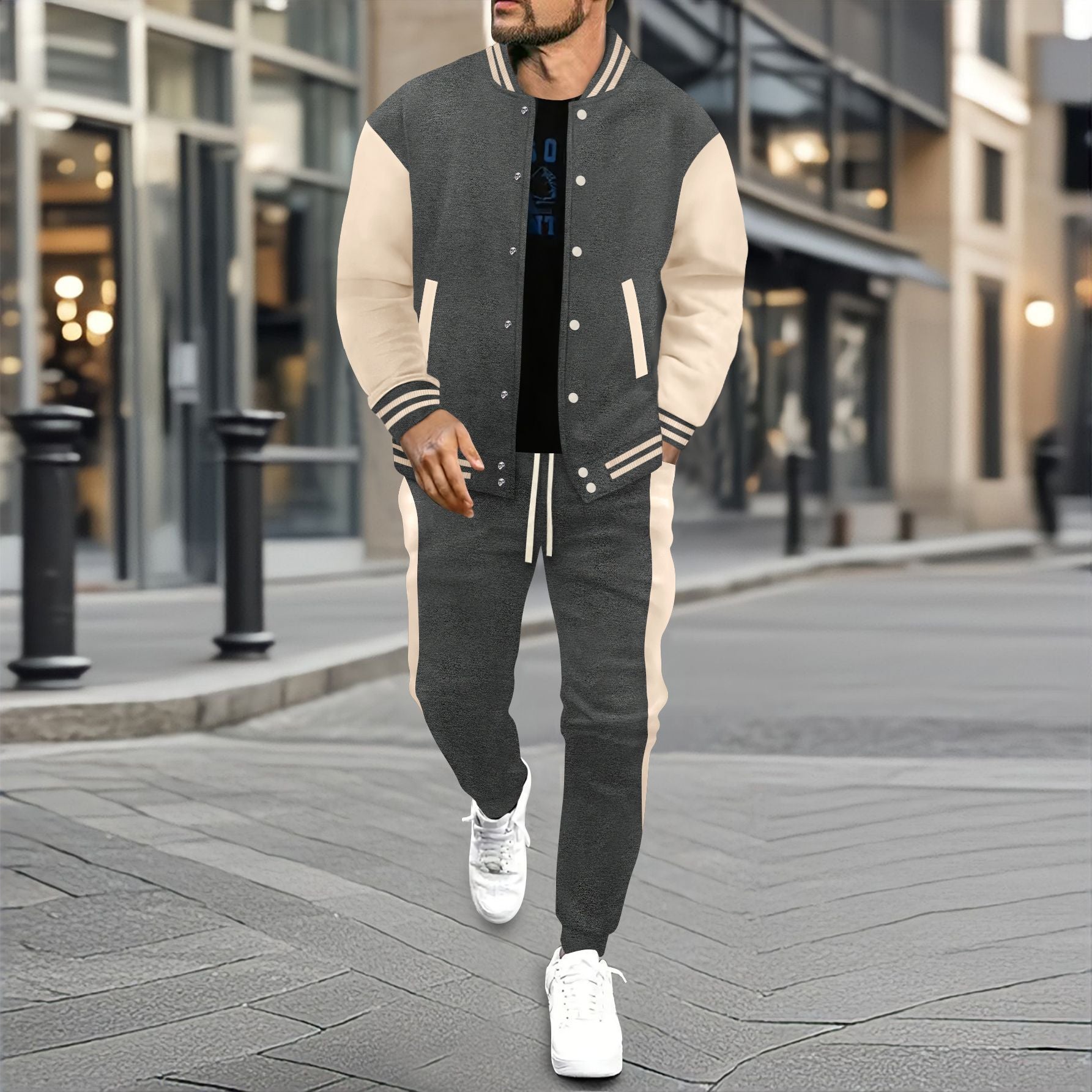 Herren nan College-Trainingsanzug aus Baumwollmischung mit gesteppter Collegejacke und tapered Jogginghose R&B