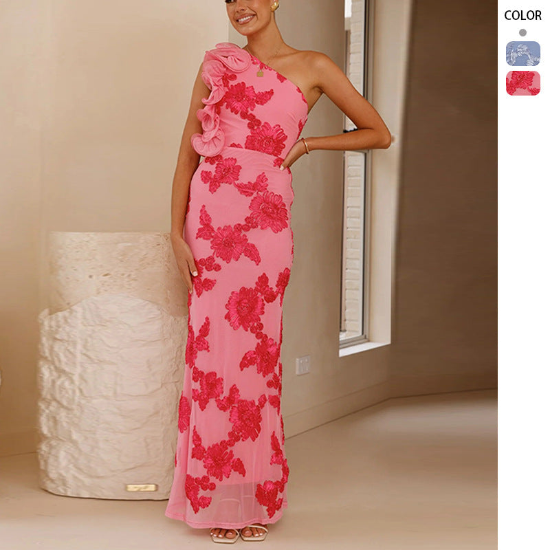 Damen Elegantes und figurbetontes Maxikleid mit asymmetrischem Träger und floralen Applikationen R&B