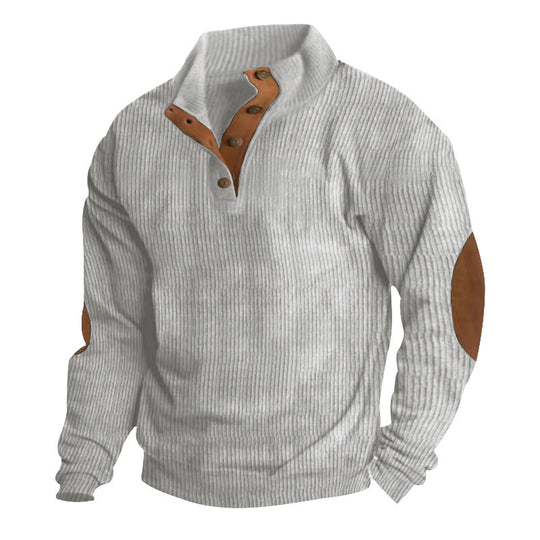 Herren nan grobgestrickter Pullover mit Stehkragen, Knopfleiste und Kunstleder-Ellbogenpatches R&B