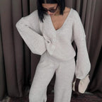 Damen Strick-Loungewear-Set mit weiten Ärmeln und Knopfleiste R&B