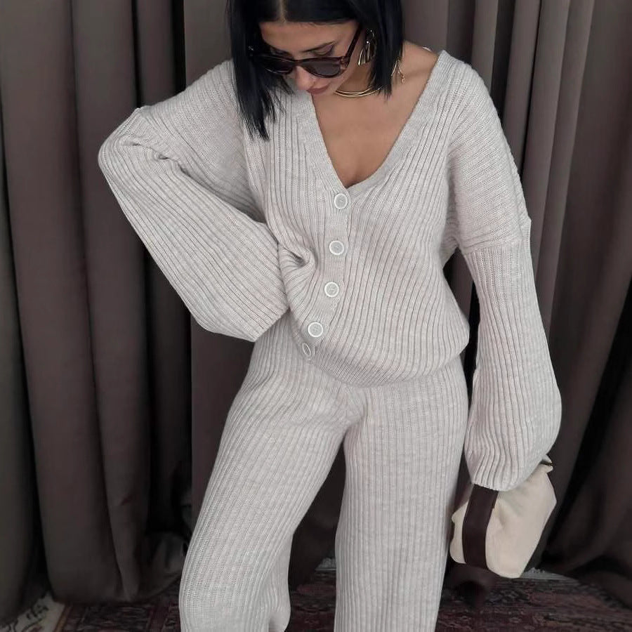 Damen Strick-Loungewear-Set mit weiten Ärmeln und Knopfleiste R&B