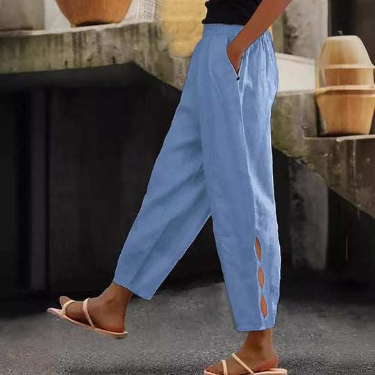 Damen Leichte Leinenhose mit seitlichen Schlitzen und elastischem Bund R&B