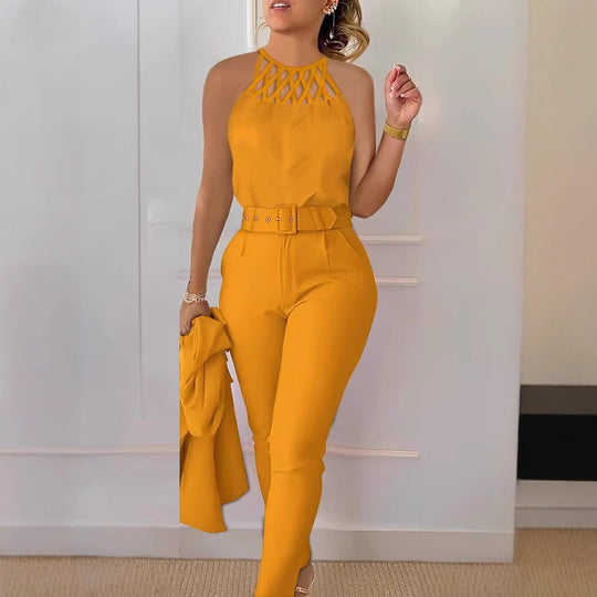 Damen Eleganter Jumpsuit mit schickem Gürtel und raffiniertem Cut-Out R&B