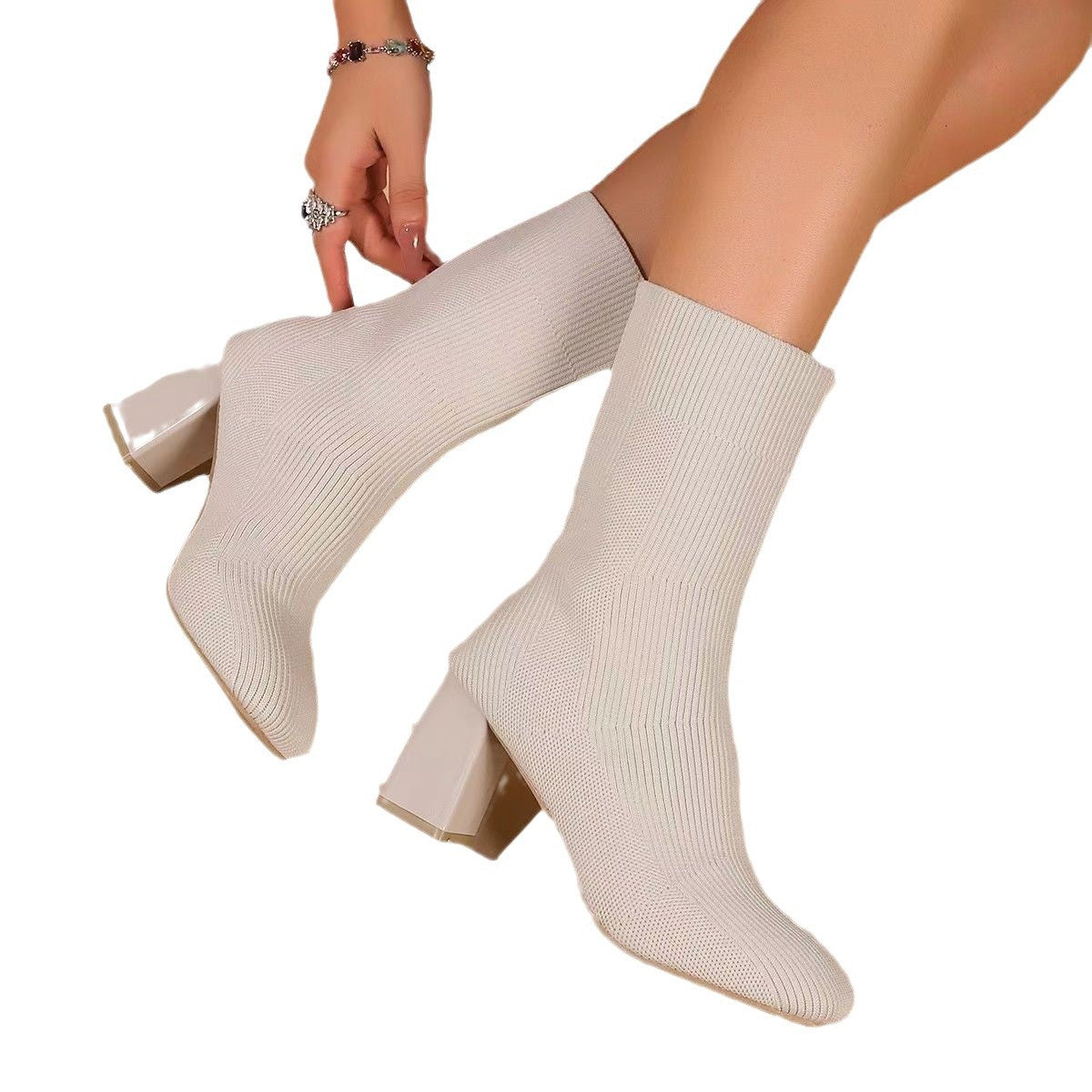 Damen Strickstiefeletten mit transparentem Blockabsatz und elastischem Schaft R&B