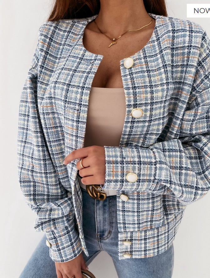 Damen Modischer Karostrickjacke mit einzigartigem Knopfverschluss R&B