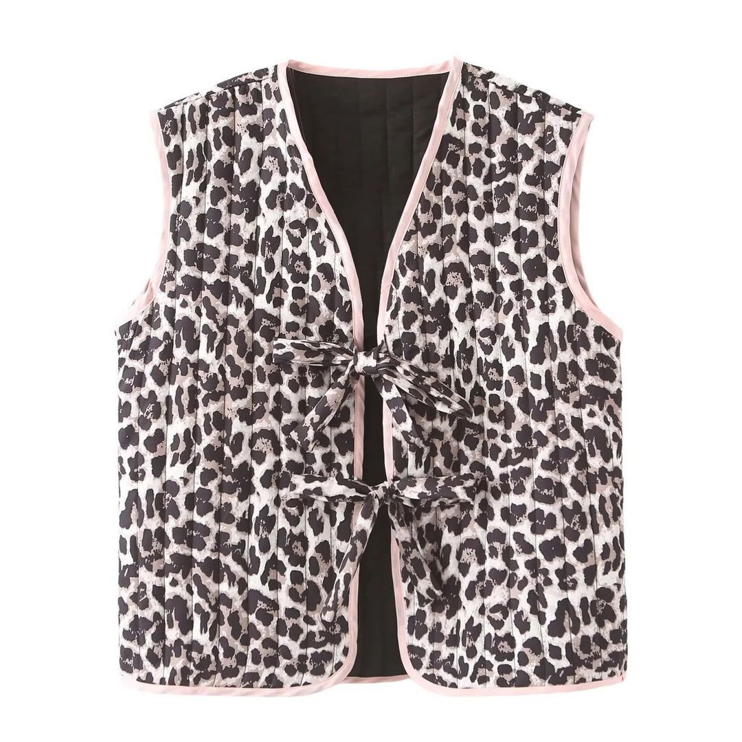 Damen gesteppte Weste mit Leopardenmuster und dekorativem Bindeband R&B