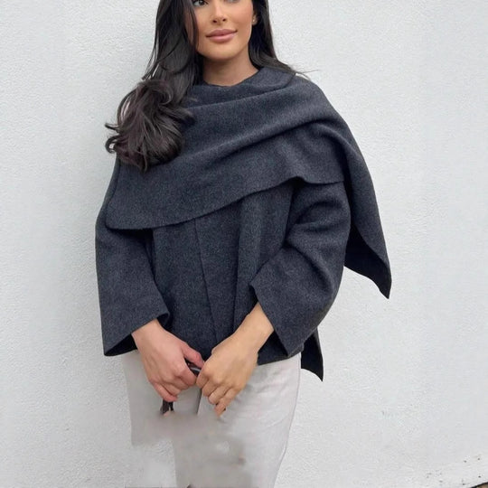 Damen elegante Wollumhängejacke mit asymmetrischem Saum R&B