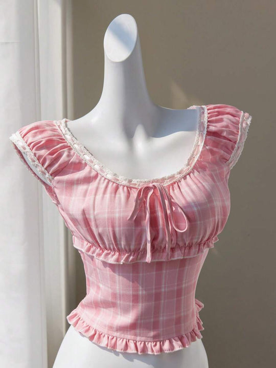 Damen verspieltes Karomuster-Crop-Top mit Rüschendetails und Kordelzug R&B