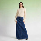 Damen Maxi-Denim-Rock mit hohem Bund und fransigem Saum