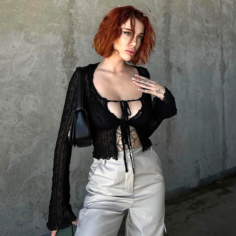 Damen trendige Crop-Bluse mit Schnüroption und transparentem Design R&B