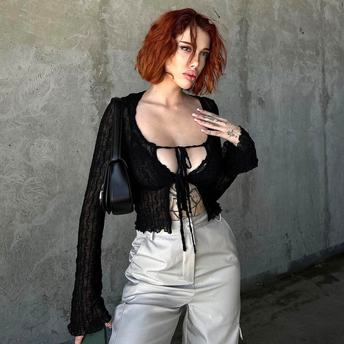 Damen trendige Crop-Bluse mit Schnüroption und transparentem Design R&B