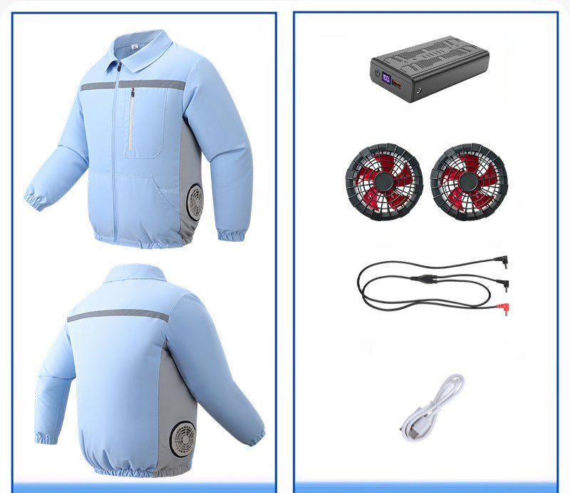 Unisex nan ventilated work cooling jacket with side vent inserts, removable battery compartment and reflective inserts R&B