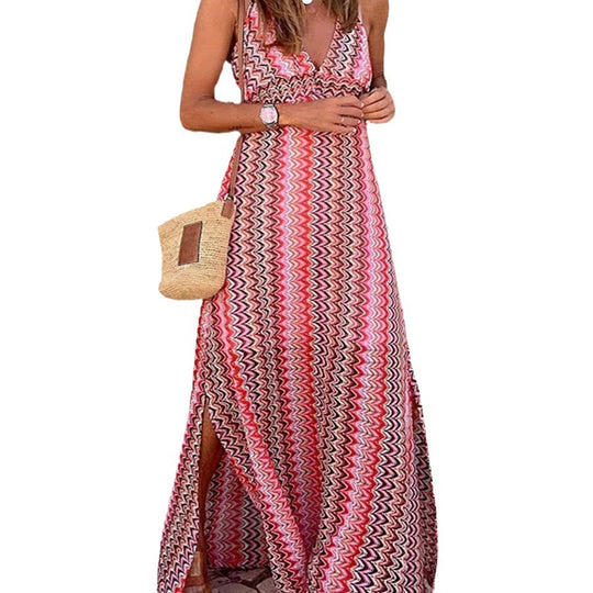 Damen Maxikleid mit elegantem Chevron-Muster und raffiniertem Schlitz R&B