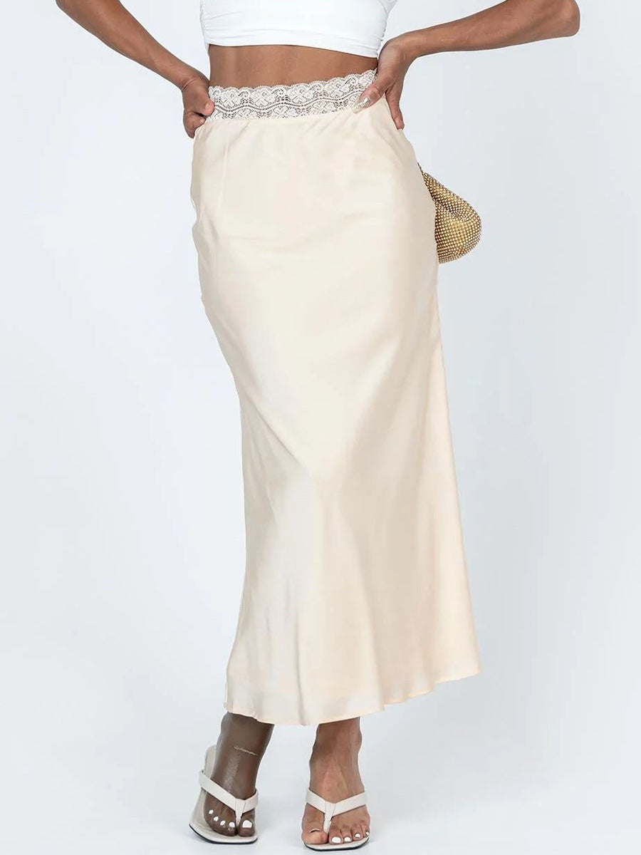 Damen eleganter Satin-Rock mit Spitzenbund R&B