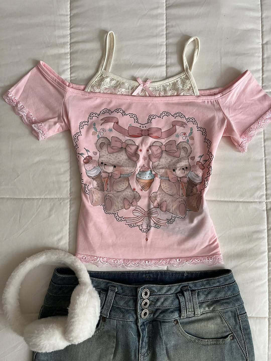 Damen Verspieltes T-Shirt mit Spitzenapplikationen und süßem Bärenmotiv R&B