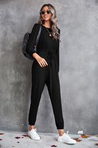 Damen lässiger Jumpsuit mit elastischem Taillenzug und trendy Langarm R&B