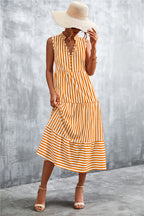 Damen Maxikleid mit gestreiftem Design, durchgehendem Knopfverschluss und voluminösem Saum R&B