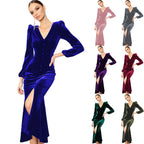 Damen Samt Maxikleid mit tiefem V-Ausschnitt und Knopfdetails R&B