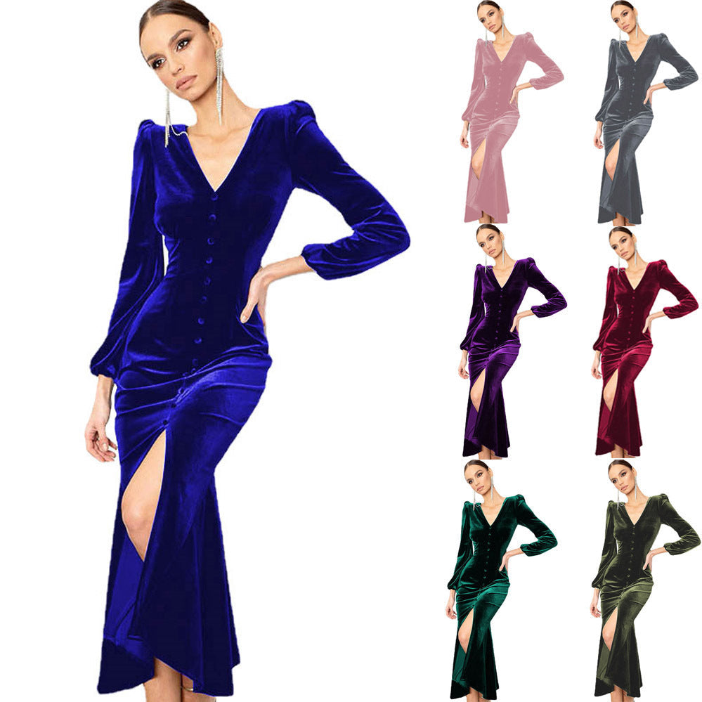 Damen Samt Maxikleid mit tiefem V-Ausschnitt und Knopfdetails R&B