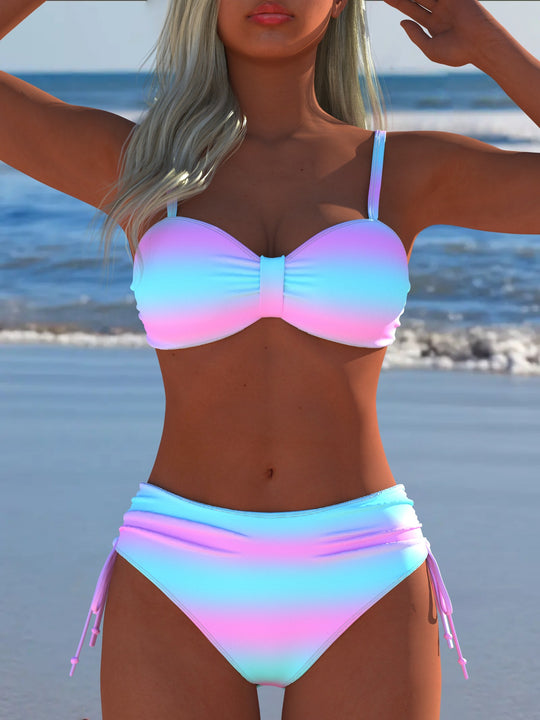 Damen Bikini-Set mit stilvollem Karomuster und goldfarbenen Akzenten R&B