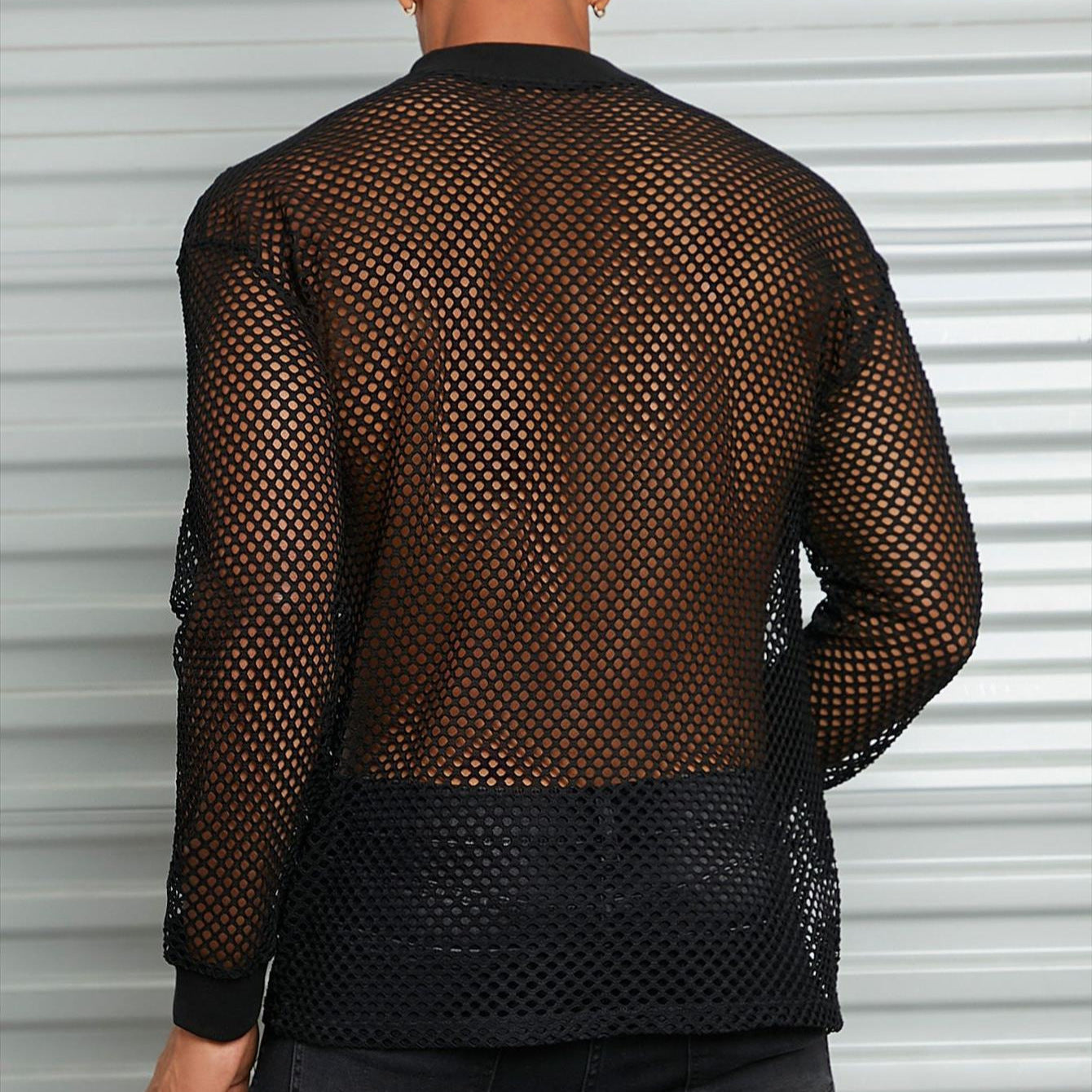 Herren nan transparentes Netz-Langarmshirt mit Rundhals und gerippten Bündchen R&B