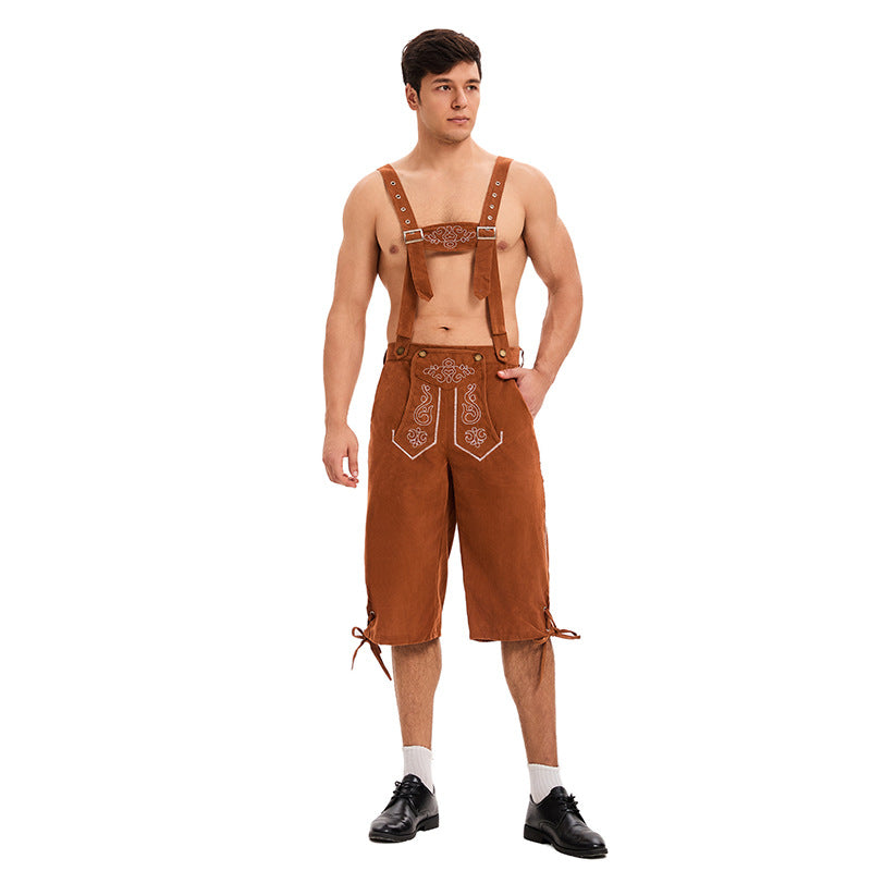 Herren nan knielange traditionelle Lederhose mit besticktem Brustlatz und verstellbaren Trägern R&B