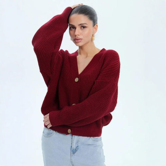 Damen lässiger Strickjacke mit voluminösen Ärmeln und modernen Knopfdetails R&B