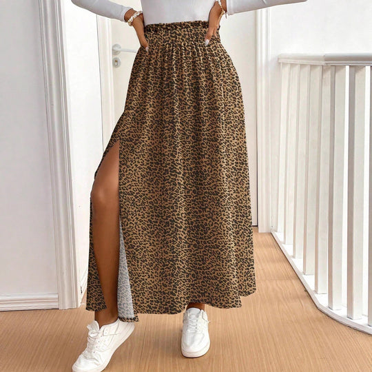 Damen Maxirock mit hohem Schlitz und Leopardendruck R&B