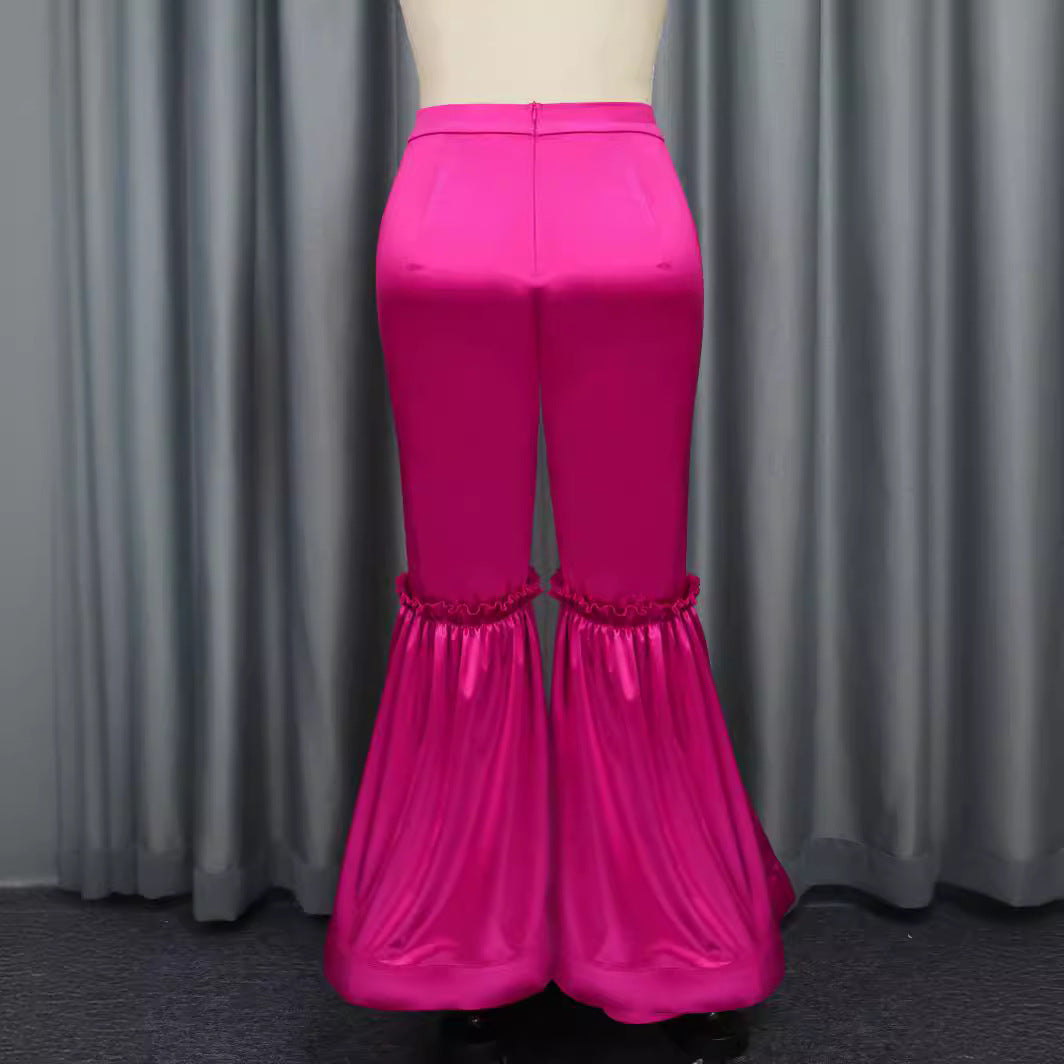 Damen elegante Hose mit voluminösen Rüschen und Satin-Details R&B