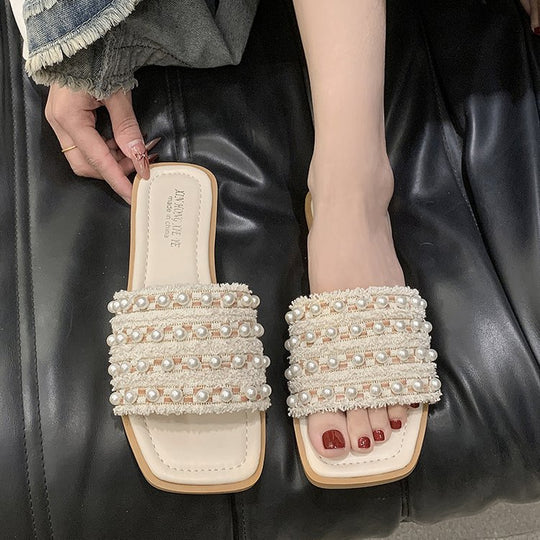 Damen elegante flache Pantoletten mit zierlichen Perlenakzenten R&B