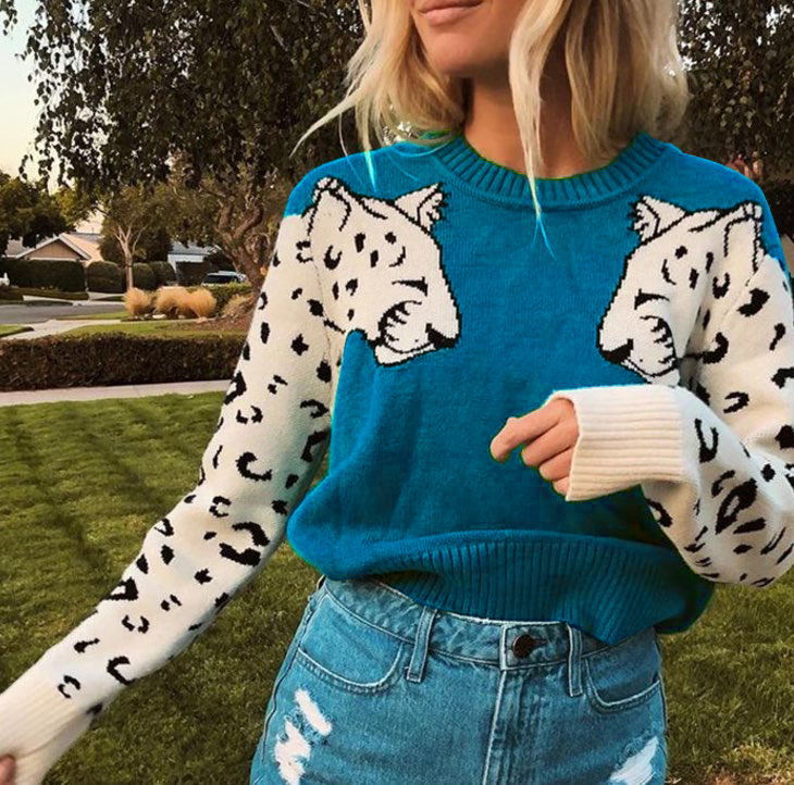 Damen Kuscheliger Pullover mit lebhaftem Tiermotiv und kontrastierenden Ärmeln R&B