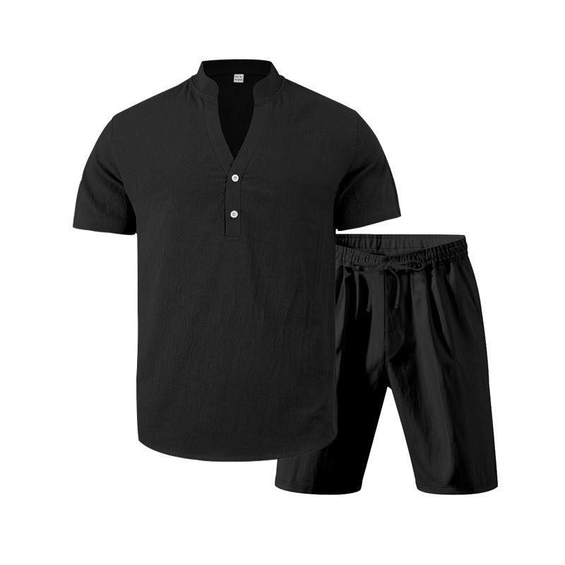 Herren lässiges Freizeit-Set aus atmungsaktivem Baumwollmix mit eleganter Knopfleiste R&B