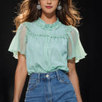 Damen Elegante Bluse mit Rüschendetails und transparenten Ärmeln R&B