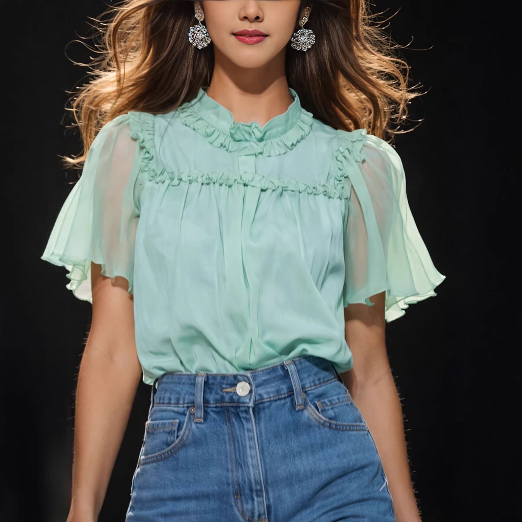 Damen Elegante Bluse mit Rüschendetails und transparenten Ärmeln R&B