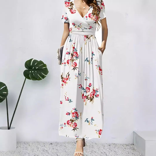 Damen Maxikleid mit tiefem V-Ausschnitt und floralem Design R&B