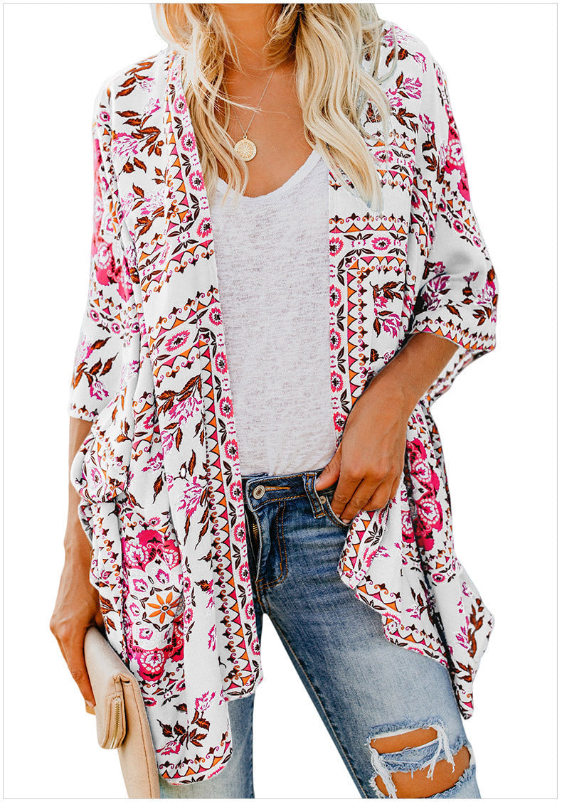 Damen luftiger Kimono mit floralem Muster und weitem Schnitt R&B