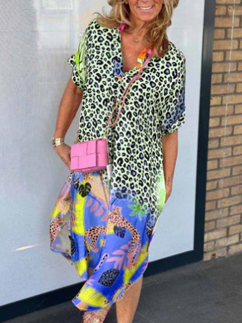 Damen nan weit geschnittenes V-Ausschnitt Midikleid mit Leoparden- und Tropenprint R&B