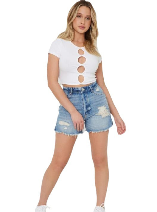 Damen lässige Denim-Shorts mit hohem Bund und ausgefranstem Saum R&B