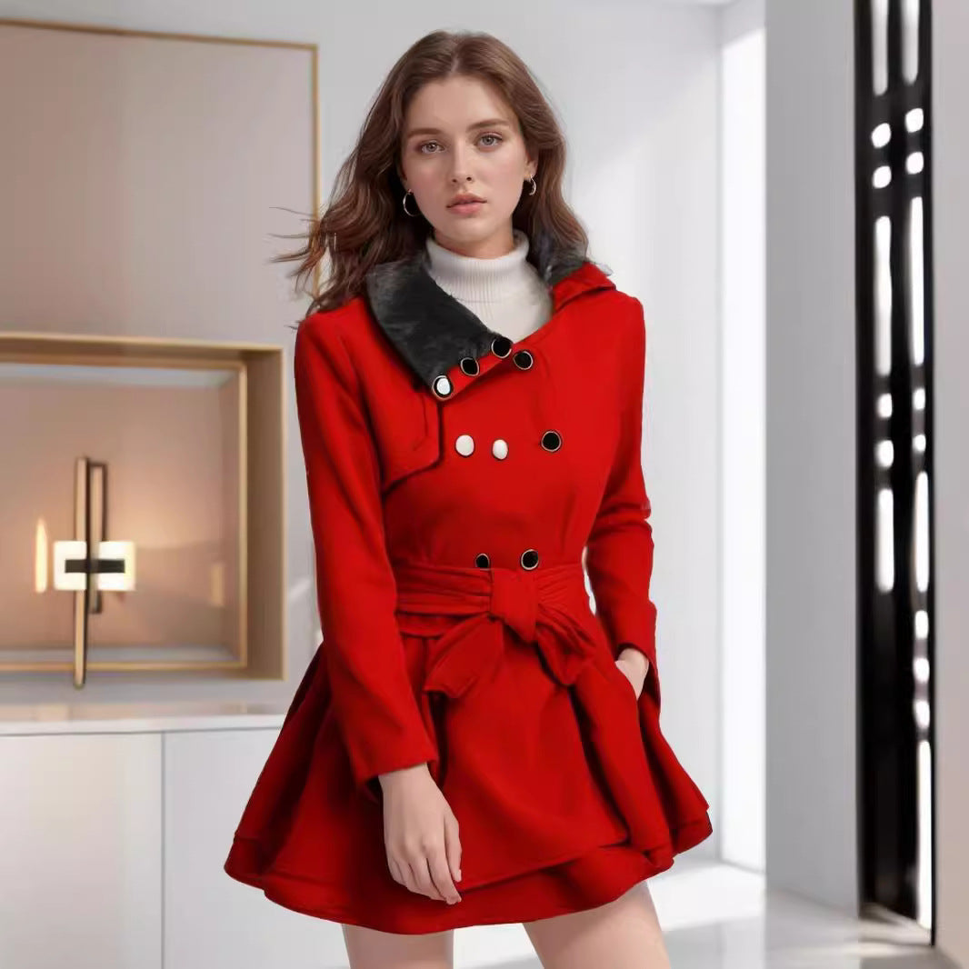 Damen klassischer Mantel mit elegantem Kragen und abnehmbarer Kapuze R&B