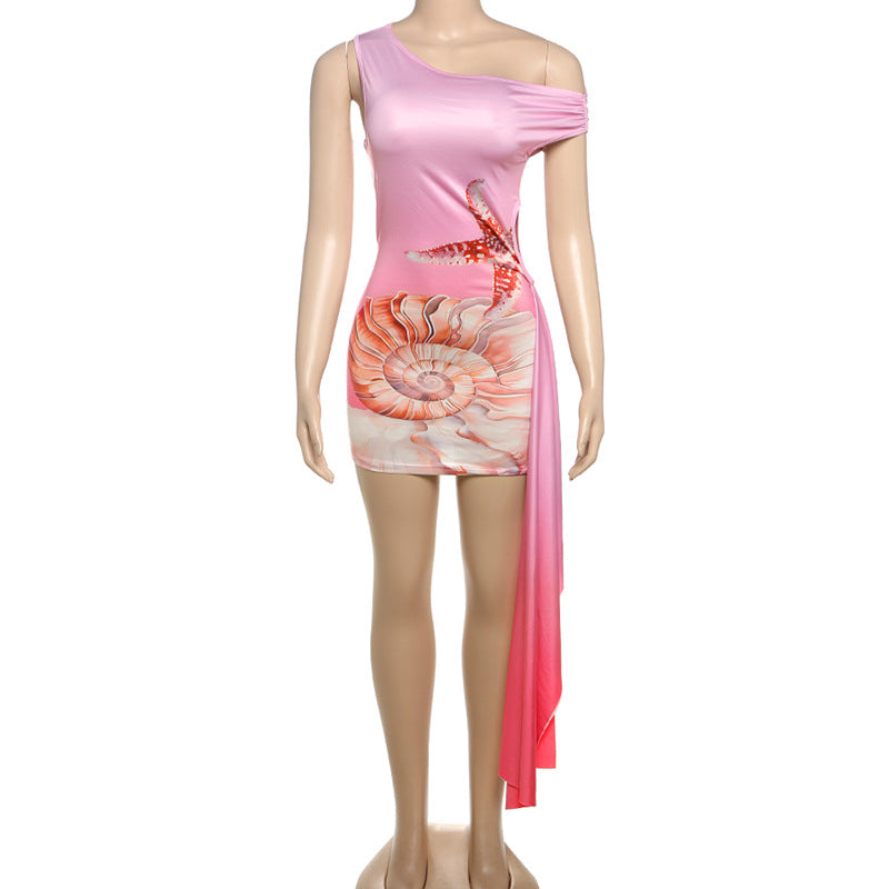 Damen Einseitiges Strandkleid mit maritimem Motiv und asymmetrischem Schnitt R&B