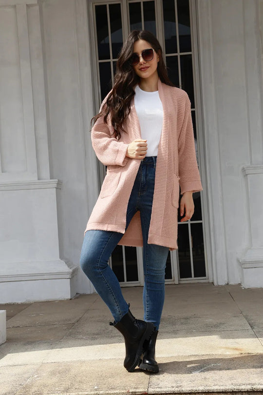 Damen lässiger Strickcardigan mit praktischen Taschen und offener Front R&B