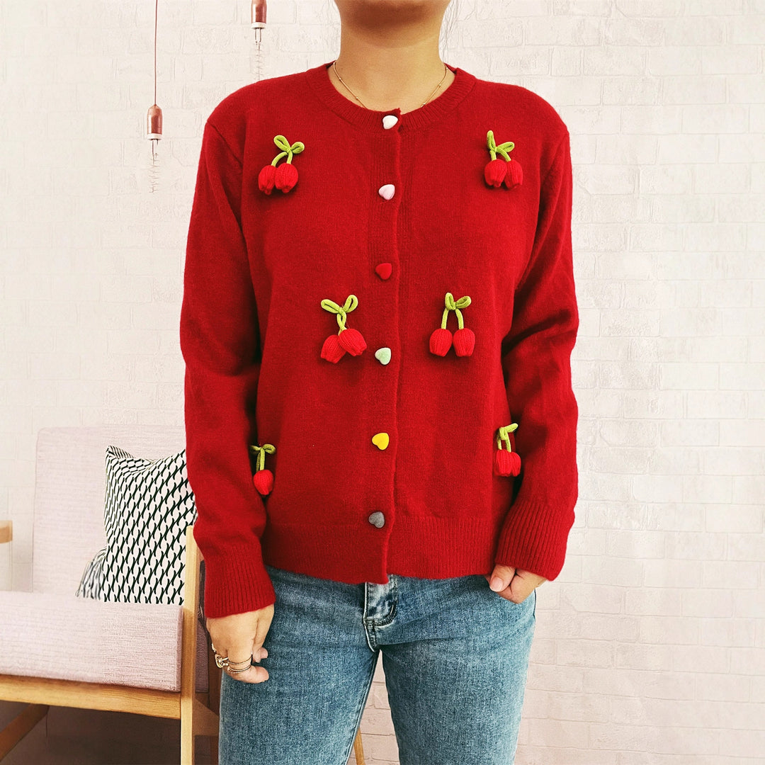 Damen Strickjacke mit fröhlichen Blumenapplikationen R&B