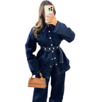 Damen Denim-Blazer-Set im Vintage-Stil mit Taillengürtel R&B
