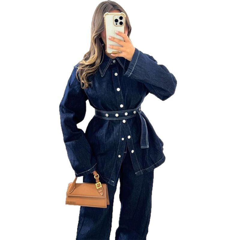 Damen Denim-Blazer-Set im Vintage-Stil mit Taillengürtel R&B