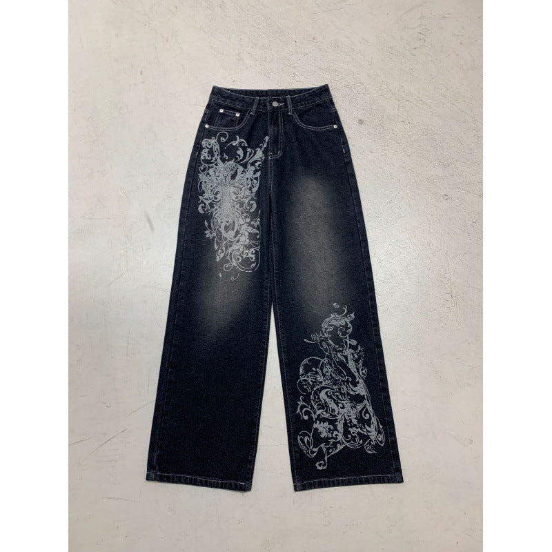Damen Weite Denim-Hose mit auffälligem grafischem Druck R&B