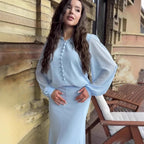 Damen Elegantes Maxi-Kleid mit transparenten Ärmeln und Hochgeschlossenem Design R&B