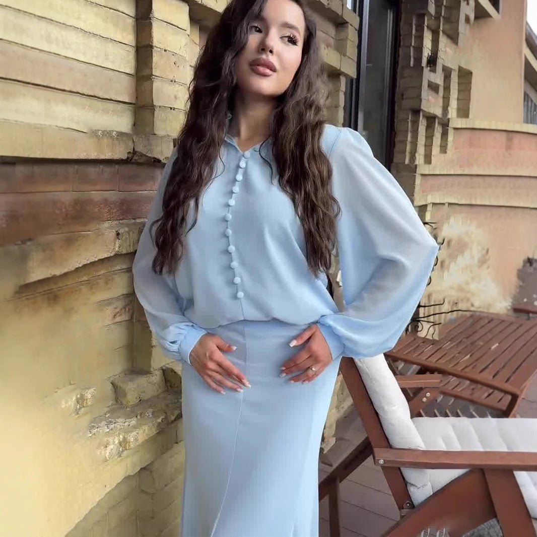 Damen Elegantes Maxi-Kleid mit transparenten Ärmeln und Hochgeschlossenem Design R&B