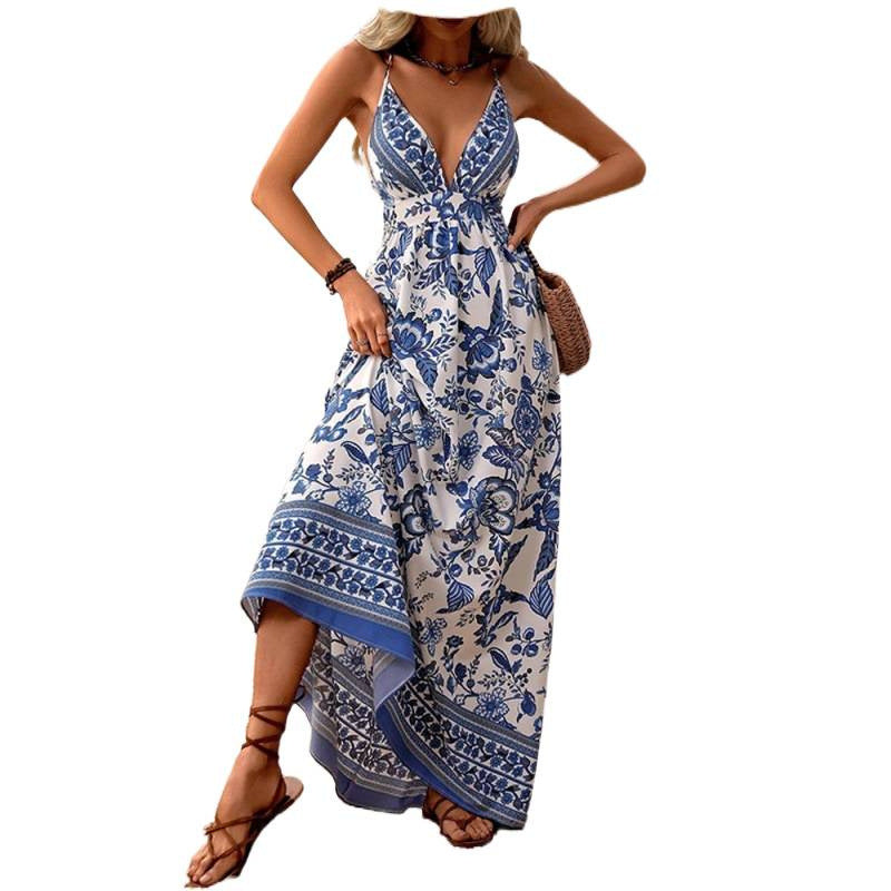 Damen Maxikleid mit tiefem V-Ausschnitt und floralen Mustern R&B