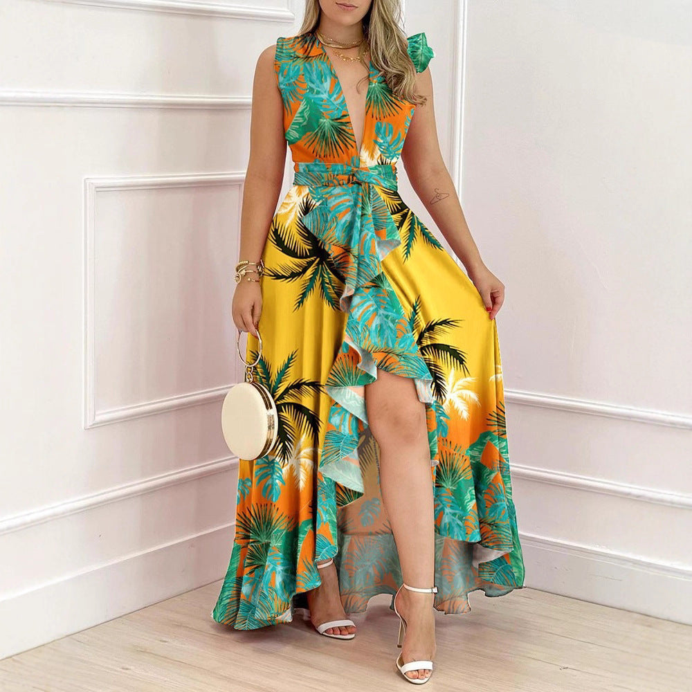 Damen Maxi-Kleid mit tiefem V-Ausschnitt und asymmetrischem Rock R&B