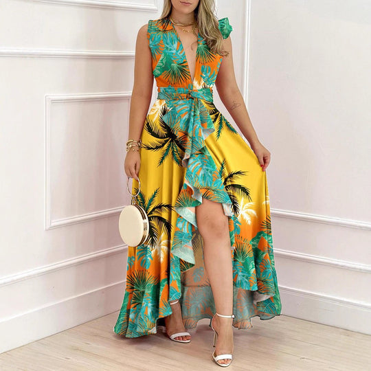 Damen Maxi-Kleid mit tiefem V-Ausschnitt und asymmetrischem Rock R&B